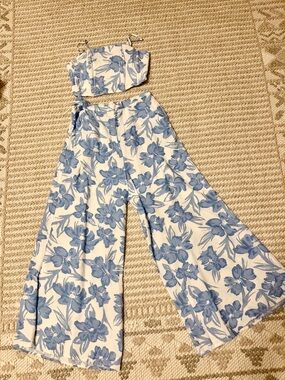 Blue Floral Two-Piece Set - Strap Crop Top & Wide Leg Pants